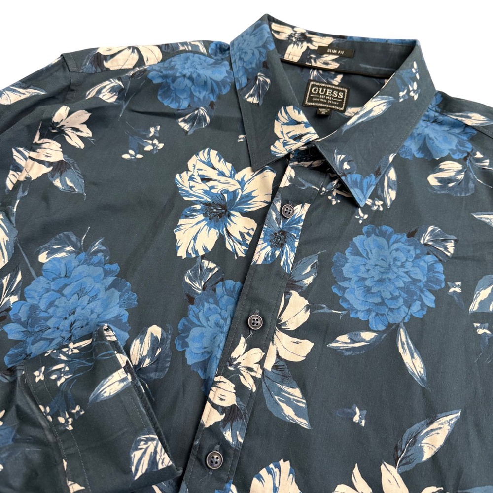 Guess Mens Slim Fit‎ Long Sleeve Floral Button Down Shirt Blue XL M2RH40W7N55